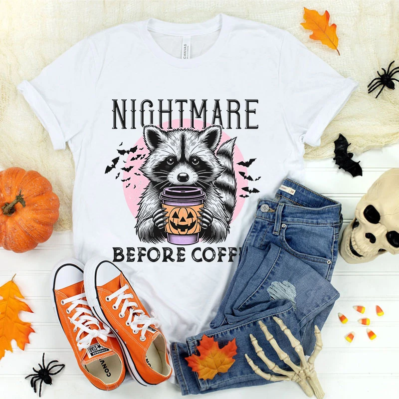 Funny Halloween Raccoon Nightmare Before Coffee Print T-Shirt Summer Letter Print T Shirt Women Men Short Sleeve Loose Shirts