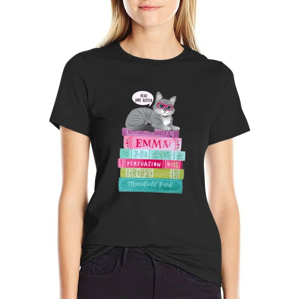 Funny Jane Austen Book Stack Cat Kitten Pride a predsudky Citáty Romantické románové tričko