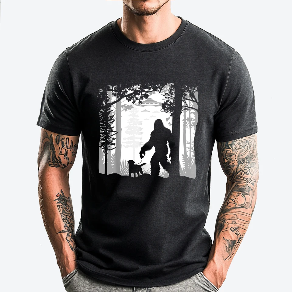 Funny Sasquatch Bigfoot Walking Dog In Woods s mimozemskými UFOS plus veľkosti mužov Oblečenie priedušné tričko s dlhým rukávom Harajuku