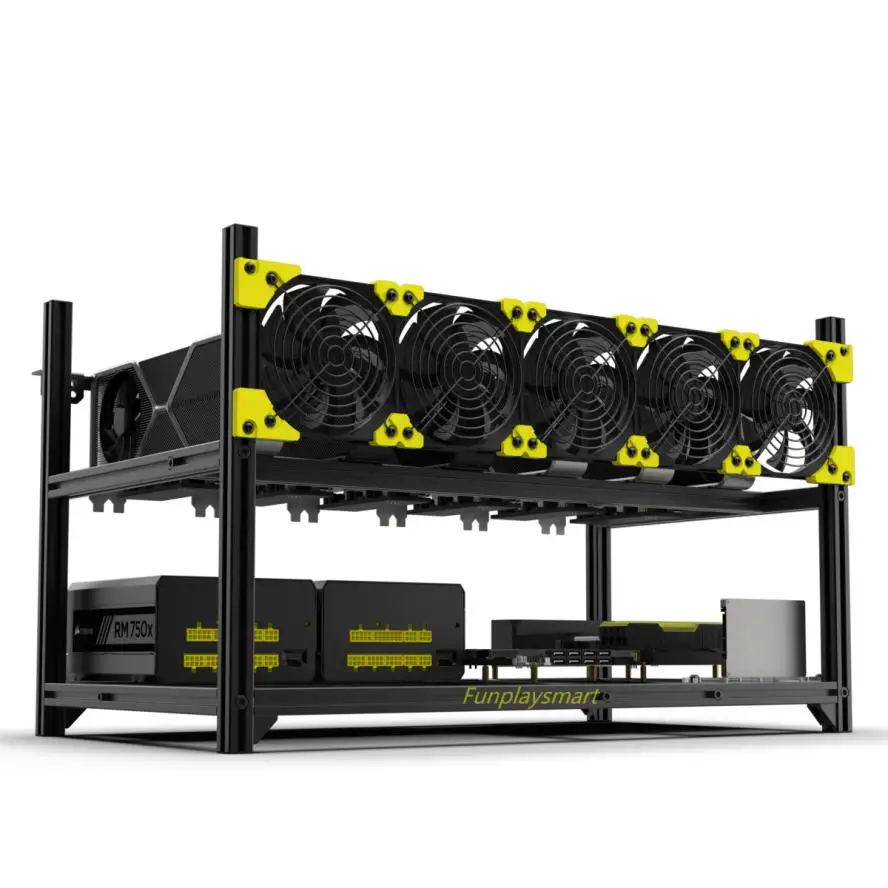 FunPlaysMart V4C 6-GPU Hliníková ťažba puzdra, stohovateľný rámec baník, stojan na otvorenú súpravu s držiakom ventilátora, Ethereum (ETH atď.)
