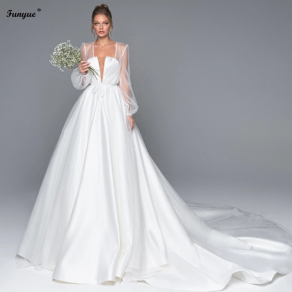 Funyue elegantný satén A-line 2 kusy svadobné šaty ilúzia s dlhým rukávom Princezná svadobná kaplnka vlak Vestido de noiva