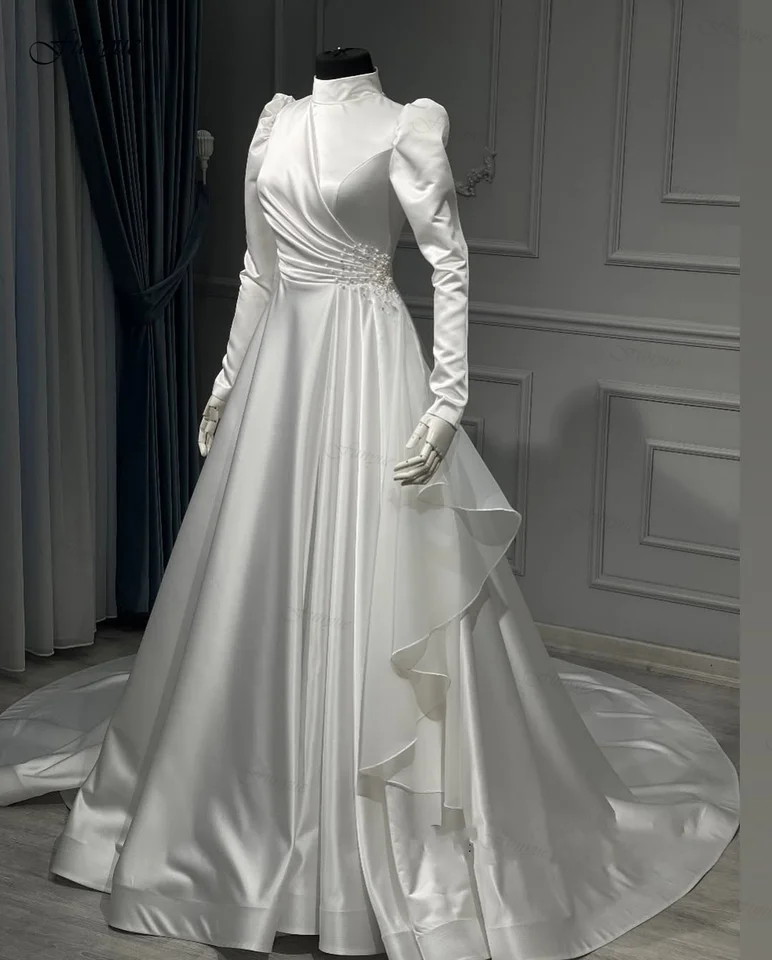 Funyue Prispôsobené elegantné svadobné šaty plus pre nevesty s vysokým krkom A-line saténové šaty Svadobné šaty Vestidos de Novia 2025