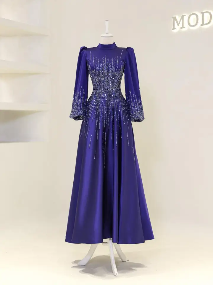 Funyue Royal Blue s dlhým rukávom večerné šaty Ženy Elegantné saténové saténové korálky Formálne plesové šaty Abendkleider