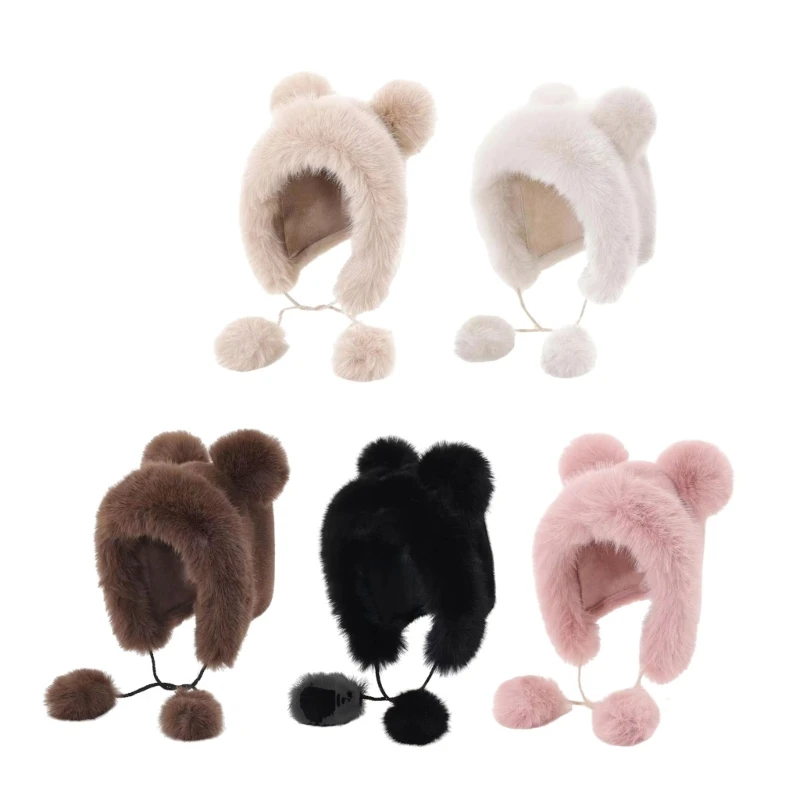 Furry Cartoon Head Cover s pompoms pre vonkajší športový chlpatý klobúk s uši nadmerne veľkým klobúkom hlavy na zimu