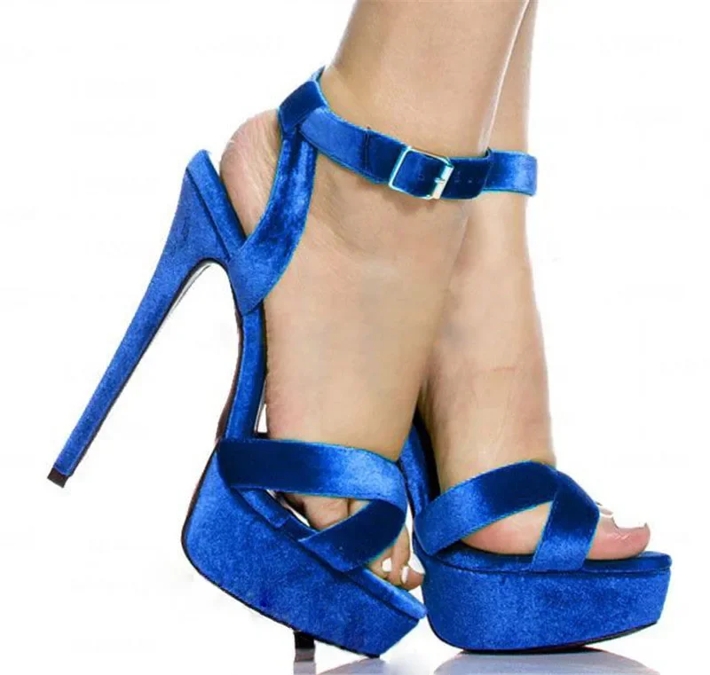 Fushia Royal Blue Velvet Platform Sandals