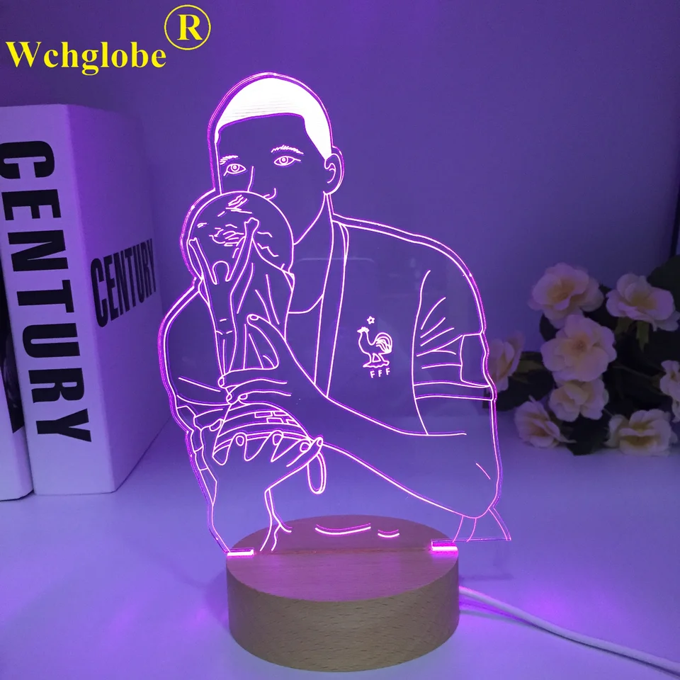Futbalová futbalová hviezda Kylian Mbappes Drevená 3D lampa 7 farby lôžková spálňa LED USB Night Light HOME DECORACAO KIS DREVA DARKOVÁ Hračka