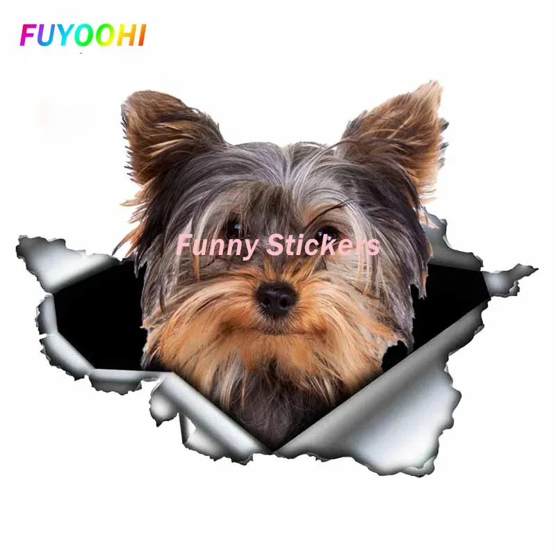 Fuyoohi hracie nálepky Yorkshire Terrier PVC Personalita Sticker Torn Kov kovové nálepky zvierat Animal Bumperanimal Pet Dog Car Styling