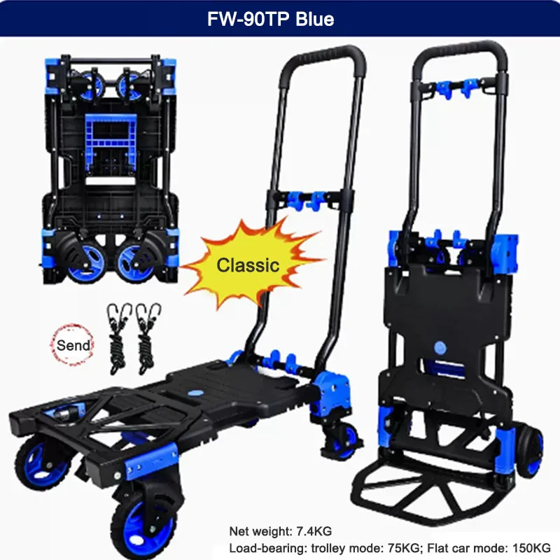 FW-90TP Multifunkčný skladací vozík Štyri kolesá Flatbed Truck Household Batožina prenosný handcart vonkajší kemping vagón