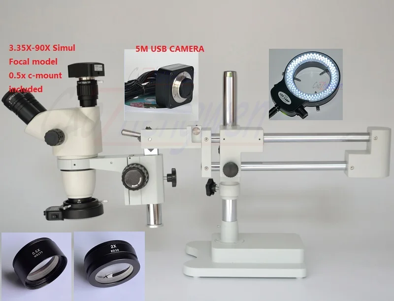Fyscope 3.35x-90x! Dvojitý stojan na výložník Trinokulárny simul SIMUL FORMÁCIA Skontrolujte stereofónny mikroskop+5M USB fotoaparát