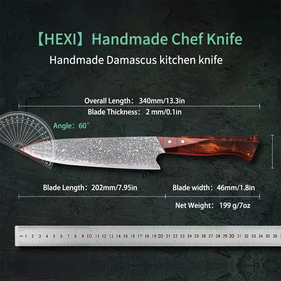 Fzizuo 8 '' vg10 damascus oceľ Full Tang Kitchen Kitchen Nôž z nehrdzavejúcej ocele Profesionálny šéfkuchový nôž ručne vyrábané nože