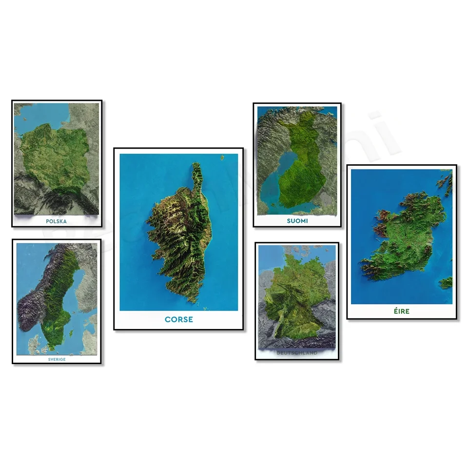Fínsko, Taliansko, Švédsko, Nemecko, Korsko, Poľsko, Dánsko, Írsko Aerial Image Shadow Relife Map Terrain Canvas Tlač plagátu