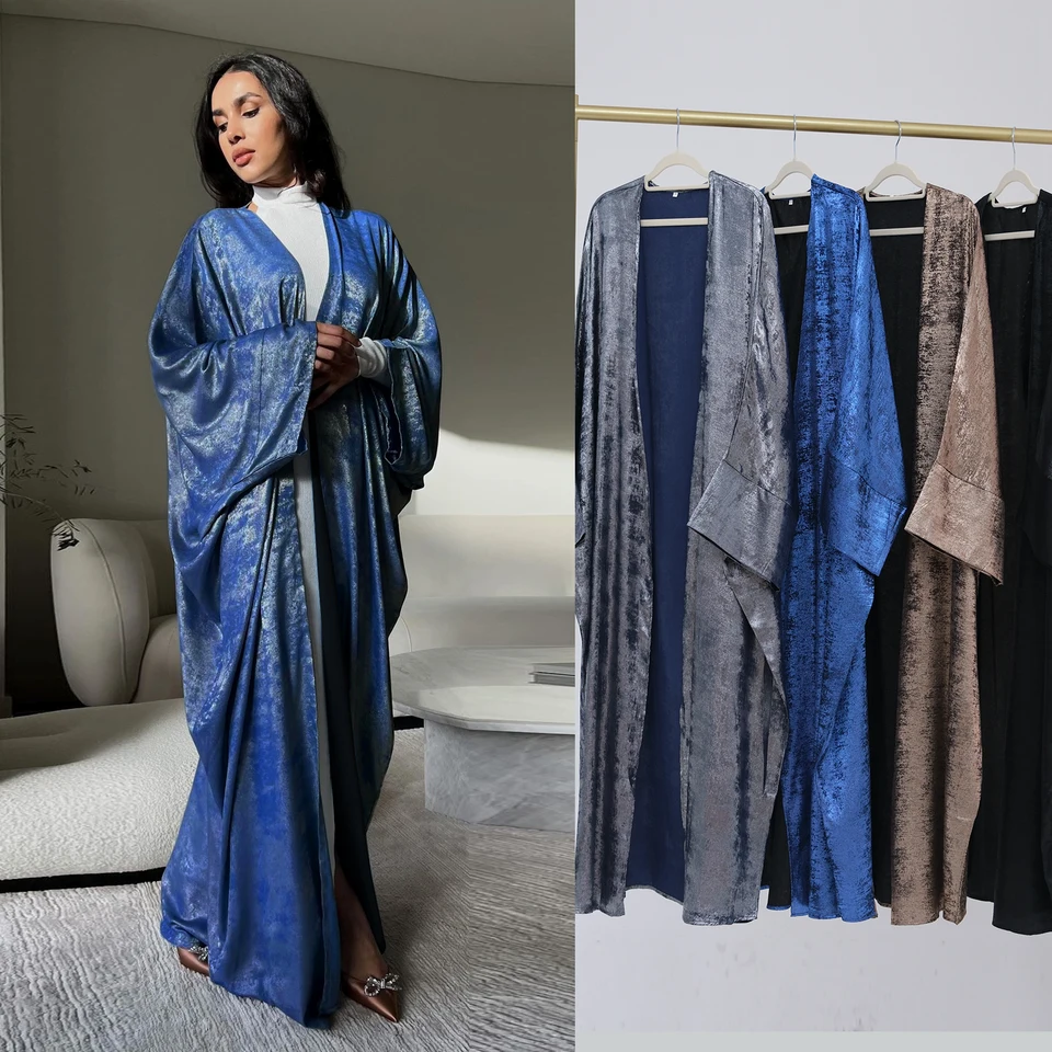 Fóliová tlač Butterfly lesklá abaya pre ženy, moslimská večerná večierok kimono, Dubajské islamské oblečenie, hidžáb pretieranie, ramadán Eid