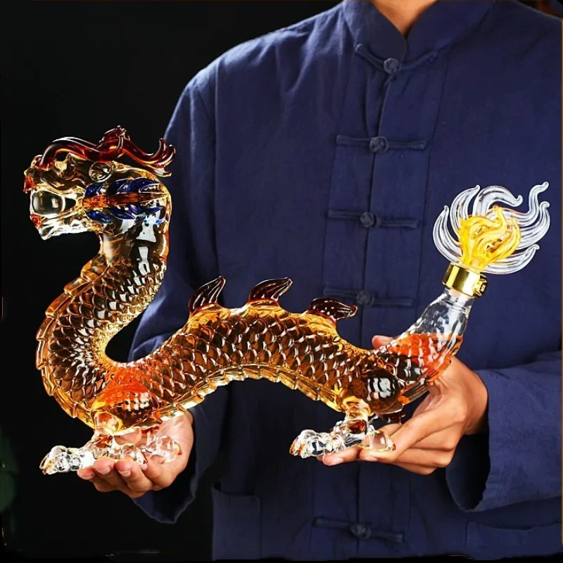 Fľaša na farebné draky v tvare skla, fľaša na víno, dekanter whisky, kreatívne zapečatené šťastné dragonové vínne dekanter, 1000 ml kanvica vína