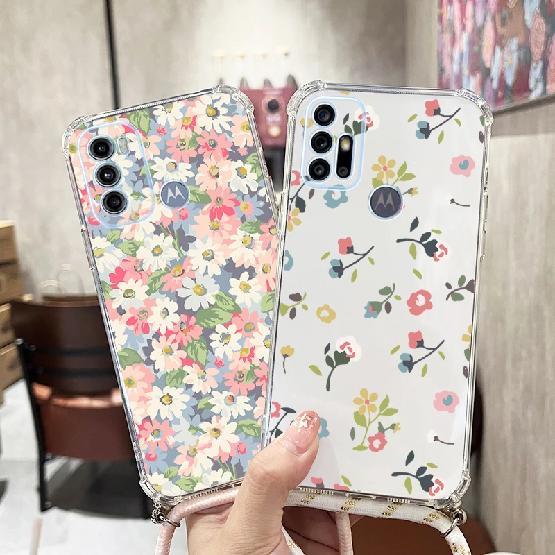 G 60 Kvetinové pole Priehľadné puzdro na šnúrku na šnúrku pre Motorola Moto G60S G60 G84 G73 G72 G40F G31 G62 G22 G71 G42 G30 G24
