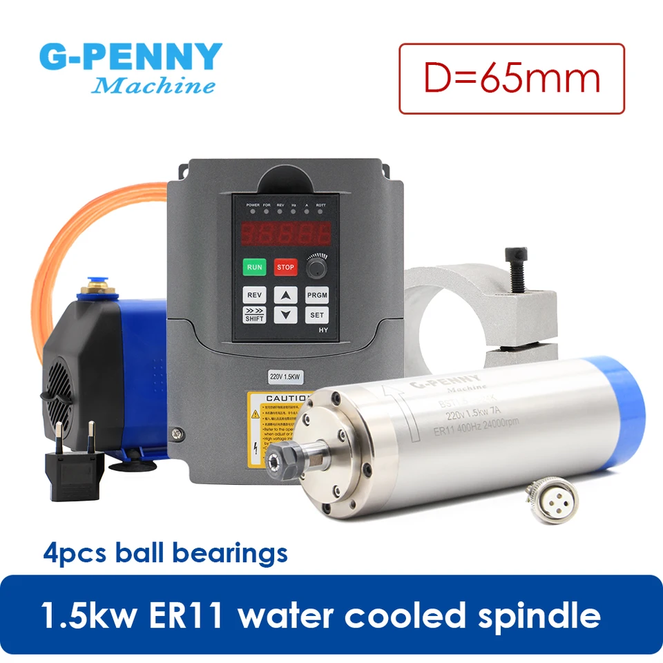 G-Penny Water Chladená vretená súprava 1,5KW ER11 Priemer 65 mm 4 ložiská a 1,5 kW Hy Inverter/VFD a 65 mm držiak a 75 W vodné čerpadlo