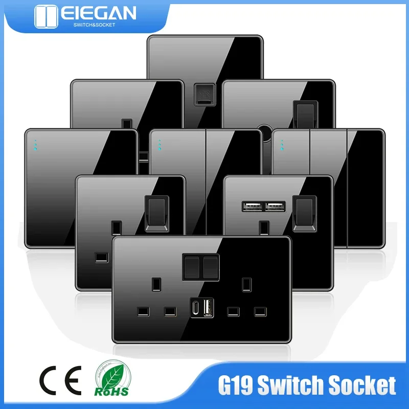 G19 OSN UK EÚ Štandardná stena Svetlo prepínač Power Cett Socket Outlet Čierny plnohodnotný sklenený panel TV Tel počítač USB Socket