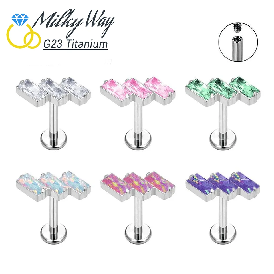 G23 Piercing s plochým nosom titánu s cz opálovými kameňmi labret náušnice pre dám