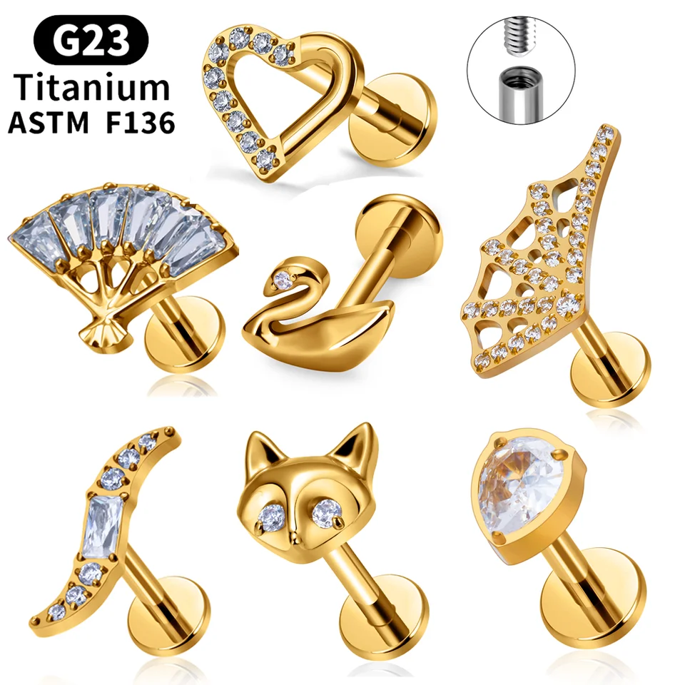 G23 Titanium Fox Srdce Design Ear Tragus chrupavku Helix Daith Piercing Stud Stuch Interné vlákno Pierc Labret Lip Ring 16G
