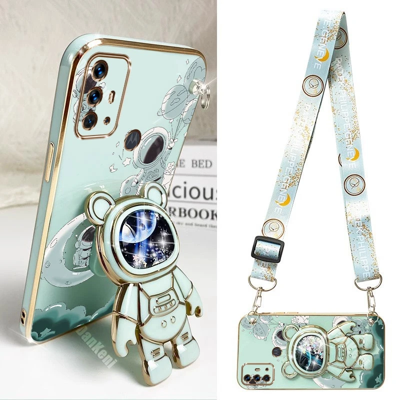 G30 Brave Astronaut Držiteľ Lanyard Plating Telefón puzdro pre Motorola Moto G30 G20 G32 G22 G23 G9 G10 G13 G9play G8Plus G8 Cover