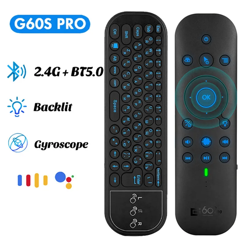G60S PRO BT 5.0 2.4G Wireless Gyroscope Air Mouse Voice Russian/Angličtina Mini klávesnica pre PC Android Smart TV Box