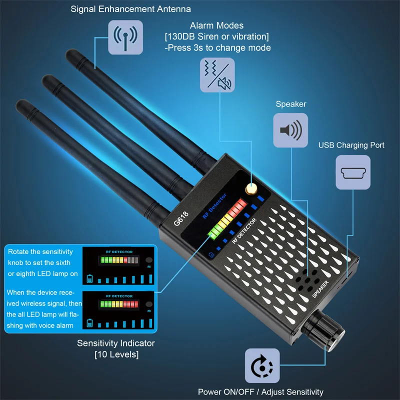 G618 GPS detektor bezdrôtového signálu Anti-Monitoring Anti-Pueping Hidden WiFi Camera Detector Indikátor zvukových vibrácií LED indikátor LED