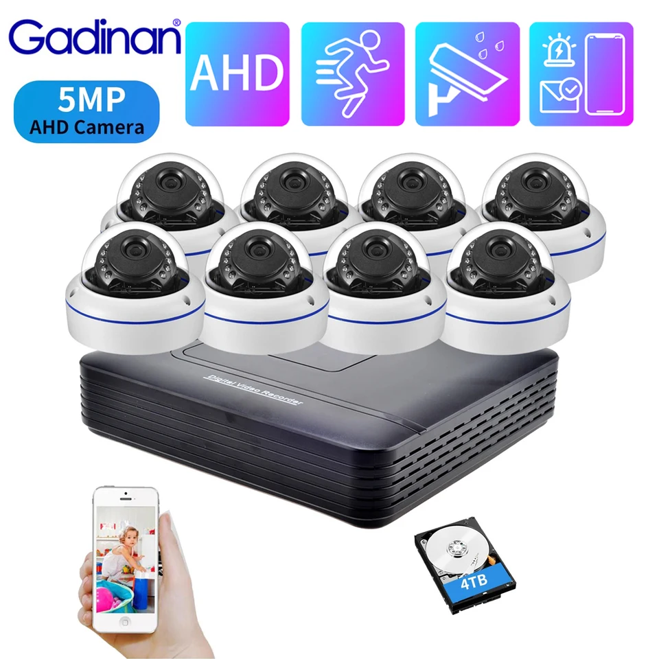 Gadinan 8ch Mini AHD DVR Kit CCTV Security System Cooapare 5 In Indoor Outdoor 5MP Dome Metal AHD Camera Video Set