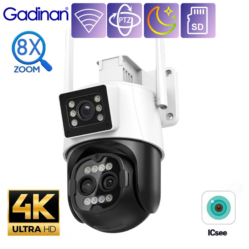 Gadinan 8x Zoom Tri šošovky Dvojitá obrazovka 9MP 4K PTZ WiFi IP fotoaparát Outdoor Automatické sledovanie videa Distrotech