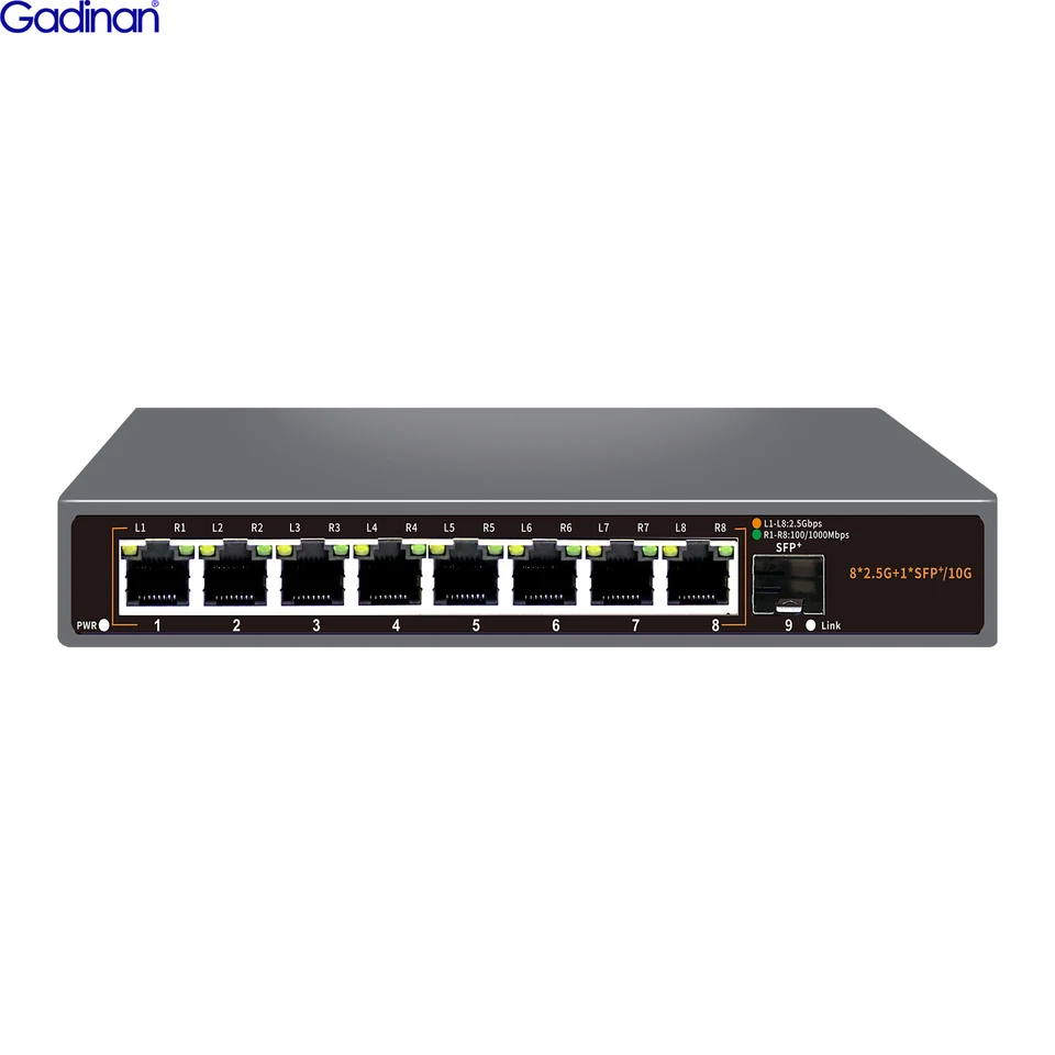 Gadinan 9 port 2,5G Ethernet Switch 8*2,5 Gbps Base-T Network 1*10Gigabit Uplink Plug and Play Hub Internet Splitter Fanless