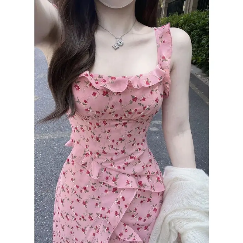 Gagarich Floral Spaghetti Race Dress Summer Nový kórejský štíhly temperament pás Lotus listu špagety špagety šaty