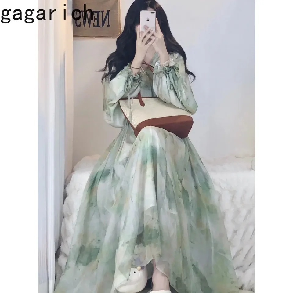 Gagarich Spring Autumn 2023 Nový francúzsky vinobranie V s vysokým pásom s vysokým pásom kvetiny dlhá rozprávková prestávka šaty Ženy Noste oblečenie