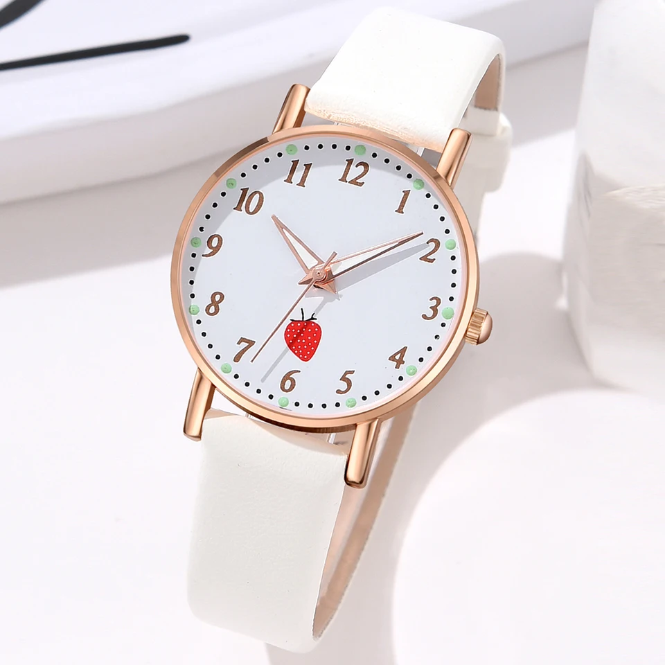 Gaiety pár Jednoduchý štýl jahody elementy Dial Watch Casy Fashion Quartz Watch je pre ňu ideálnym darčekom (bez krabice)