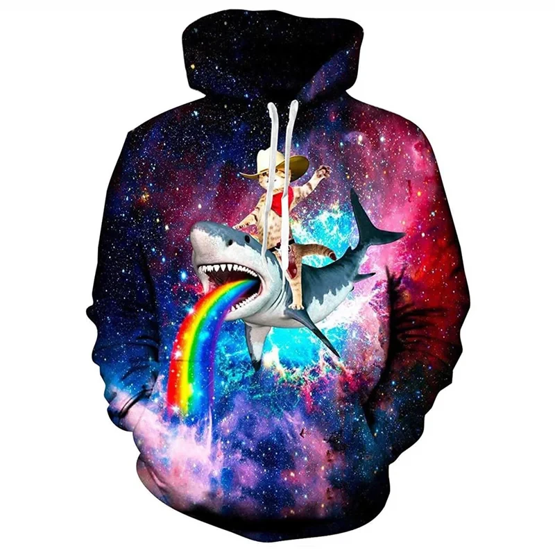 Galaxy Cat Riding Dinosaur Shark Graphic mikina Men oblečenie unisex 3d tlač novú v kapucňa