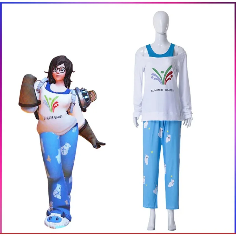 Game Overwatch Cosplay kostým Mei Cos Clothing Polar Bear Dlhodobo rukáve roztomilé pyžamy plné sety modré pyžamové súpravy F14107