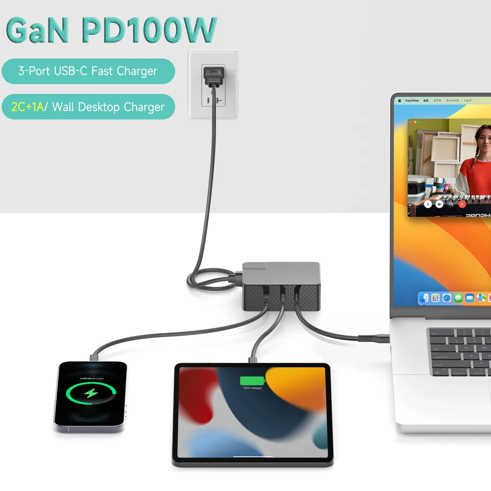 GAN100W 3-port USB-C rýchle nabíjanie Typ Power Supply PD QC3.0 pre MacBook MSI Dell NAPLATICKÝ NAPRAVO