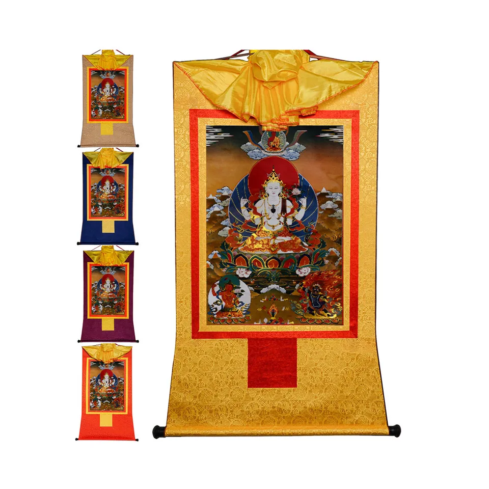 Gandhanra Bronzing Vytlačil Thangka Art - Chenrezig Thangka, štyri ozbrojené Avalokitesvara, ručne zarámovaný tibetský budhista Thangka