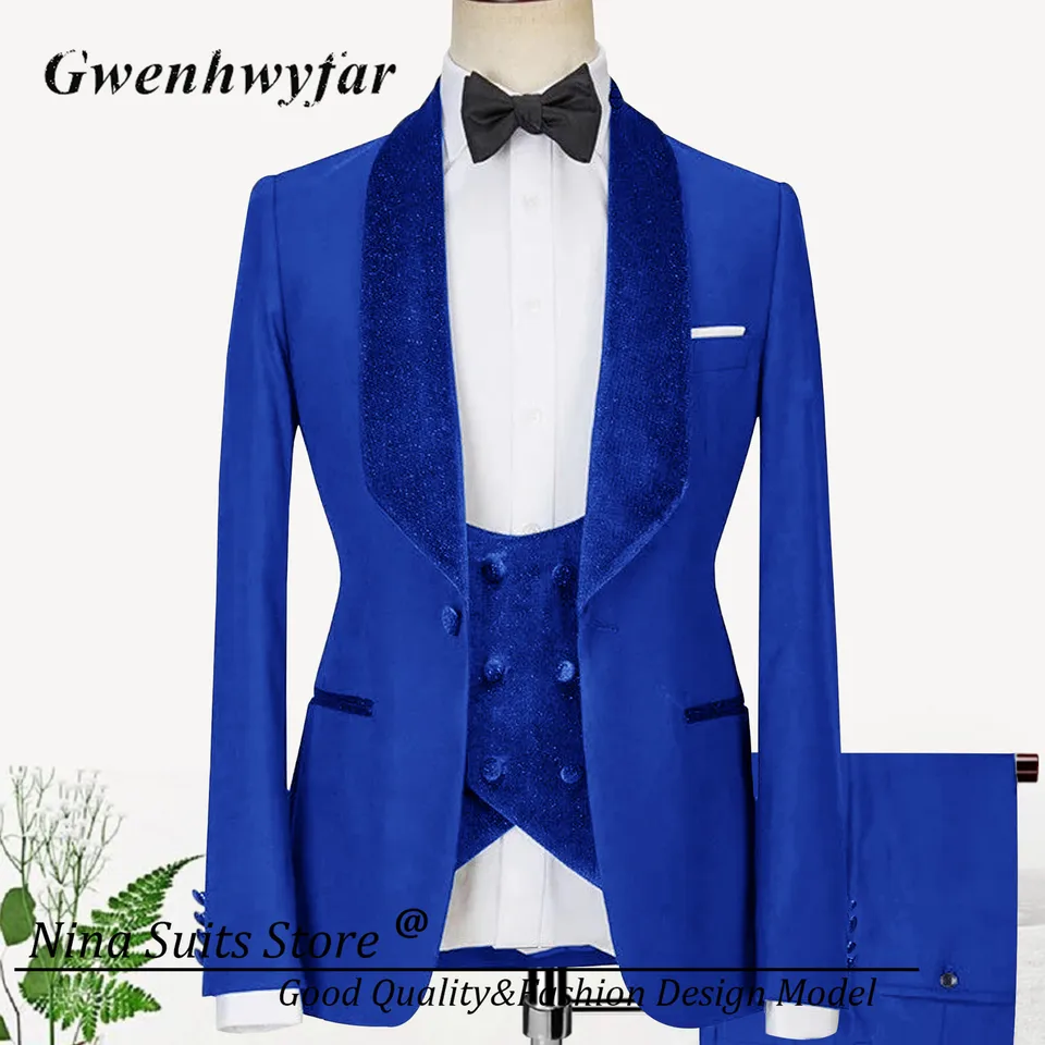 G&N Shinny Glitter Men obleky Royal Blue Brand Módne butik butikový ženích formálne štíhle svadobné šaty Prom smoking 3 kusy