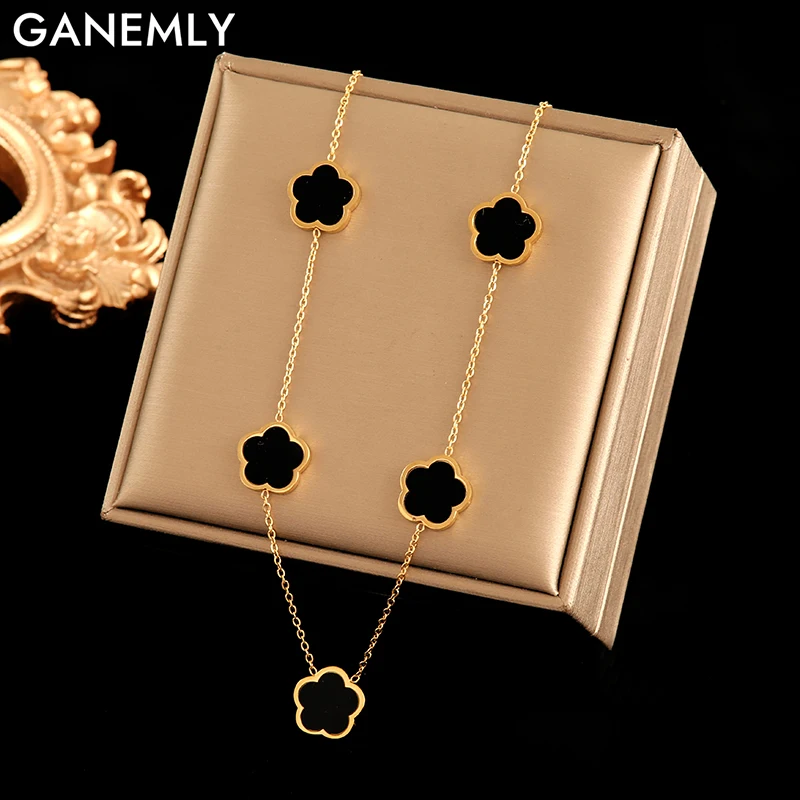 Ganemly 316L z nehrdzavejúcej ocele Čierny Päť listových ďateliny Náhrdelník pre ženy nové módne vodotesné šperky Chokers Girls Darček