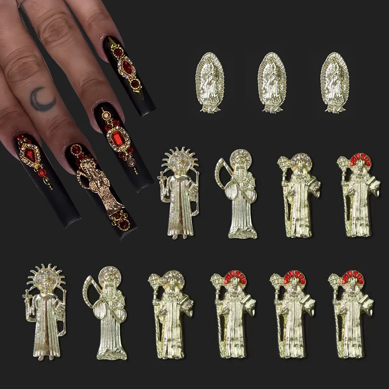 Ganta Muerte Nail Charms San Judas 3D kovové nechty Art zliatiny Zlaté kamienky Crystal pre domácich majstrov manikúrové dekorácie Príslušenstvo