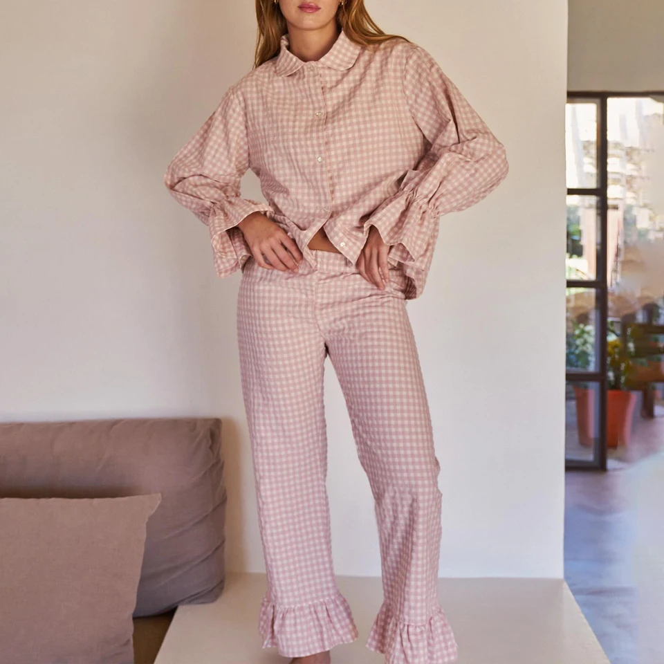 Gaono Women Y2K pyžama set Plaid Oplica manžety s dlhým rukávom Topy a volácie dlhé nohavice Dvojdielne jesenné oblečenie