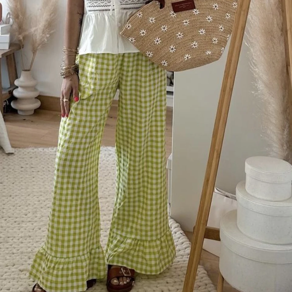 Gaono ženy y2k Plaid Tlač rozšírené nohavice Rufle hem gingham dlhé nohavice elastické pásové voľné fit s dlhými dnami