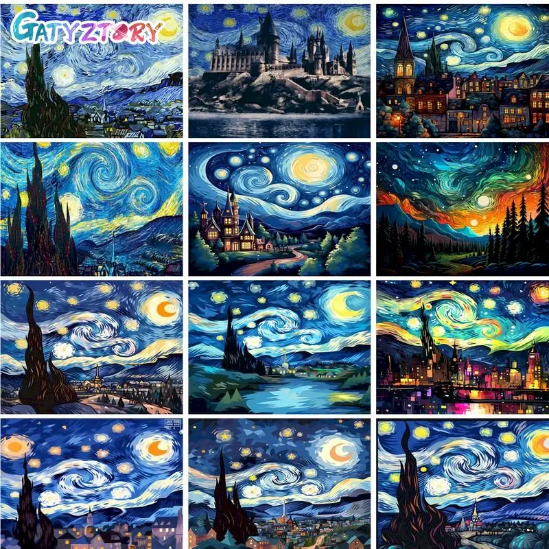 Gatyztorský rám DIY maľba podľa čísel Van Gogh Starry Sky Obrázok podľa čísel krajinná stena Art akrylová farba pre domáci dekor a