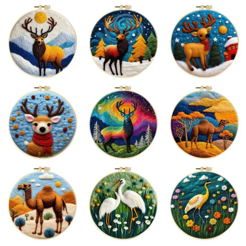 Gatyztory 20x20cm Rám v vlnenej plsti maľba s výšivkovou súpravou Sika Deer a Camel Funny DIY Felt Ill Wool Painting