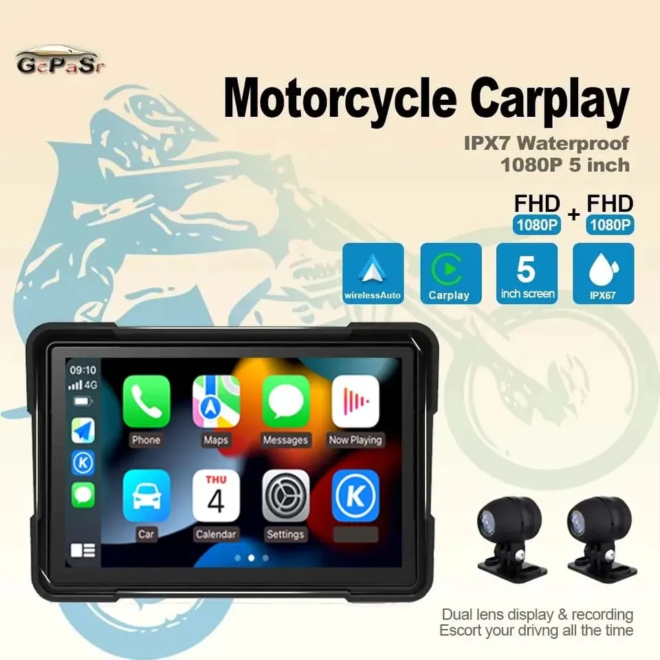 GCPASR Waterproof 5 -palcový displej Motocyklu GPS navigačná CarPlay Android Auto IPS inteligentná dotyková obrazovka Dash Dash HD 1080p
