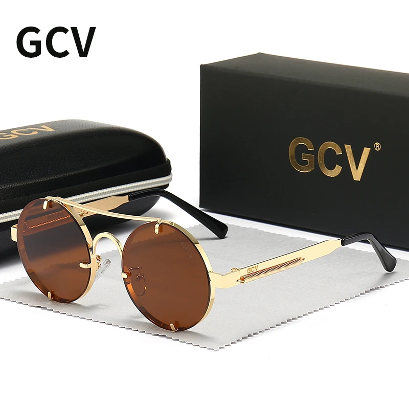 GCV Vysoko kvalitné gotické parné slnečné okuliare polarizované muži Ženy dizajnér značky Vintage Round Metal Rám slnečné okuliare