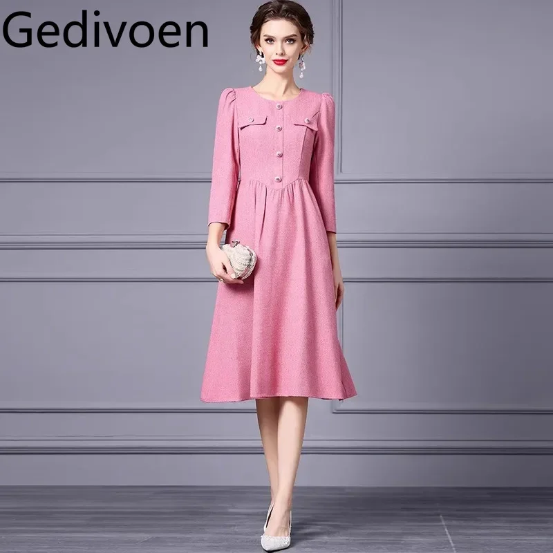 Gedivoen Fashion Design Dámske šaty Tri štvrtiny rukávové gombíky vysoký pás Pretty štíhle ružové mladé dievčatá šaty