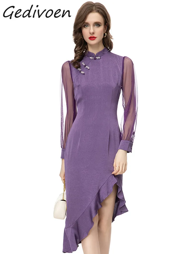 Gedivoen Spring Fashion Runway Beige Elegantné párty šaty Ženy stojan golier gombíky Balíček Battocks Strlit Slim Long Dress