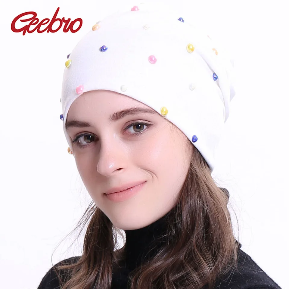 Geebro Nové dámske čiapky s čiapkou 2020 Jeseň Multicolor Pearl Slouchy lebky čiapky pre ženy žien Plain Balaclava Bonnet