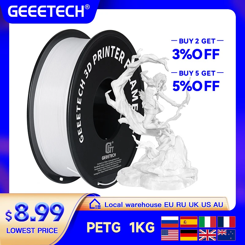 GeeeTech 1 kg 1,75 mm PETG vlákno pre 3D vlákno vlákna vákuum balenie zámorských skladov Fast Ship Ship