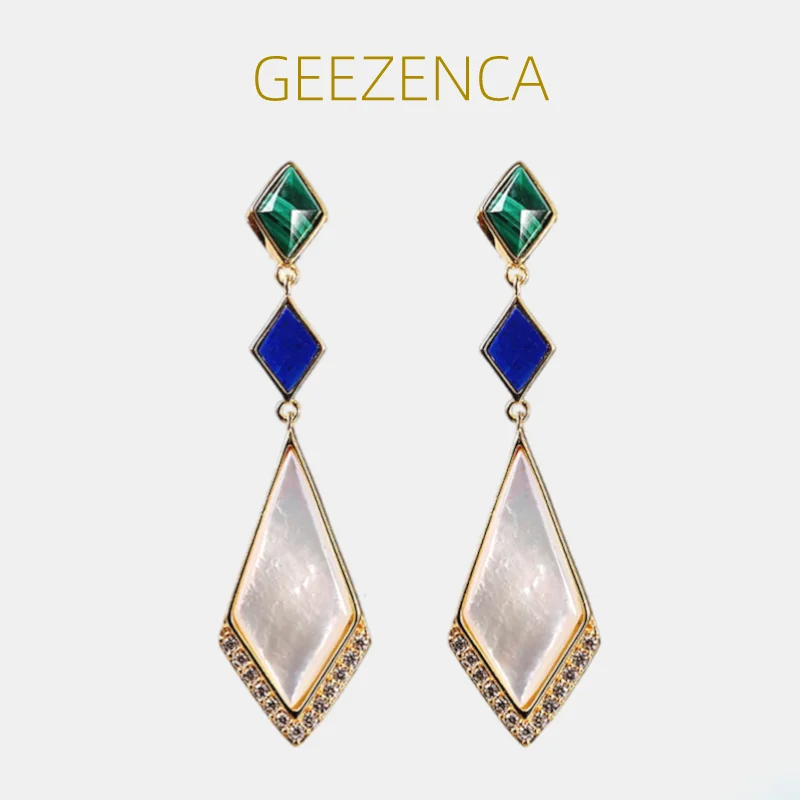 Geezenca Malachit Lapis lazuli škrupina 925 Striebro visiaci náušnice pre ženy neobvyklé geometrické prírodné kamenné náušnice Darček
