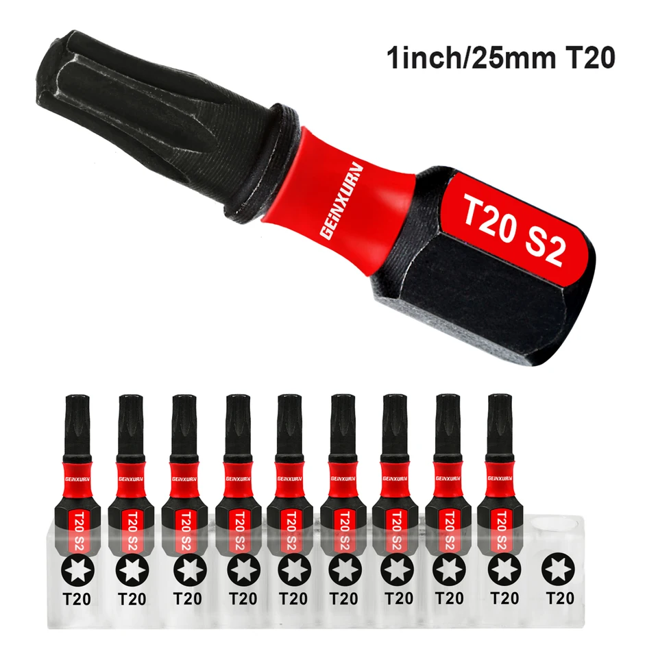 Geinxurn T20 1 in. Náraz Tvrdý magnetický #20 Torx Head Power Bits, S2 zliatinová oceľ T20 skrutkovacia súprava